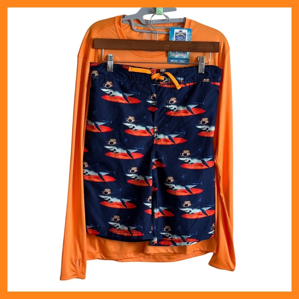 NWT Reel Legends Sun Shirt & Tommy Bahama Shark Board Shorts Set Mens S/L